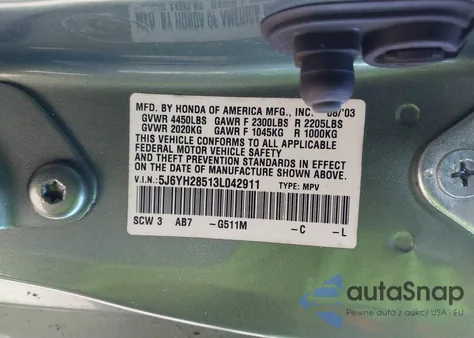 2003 Honda Element Ex z USA, uszkodzony, nr VIN 5J6YH28513L042911